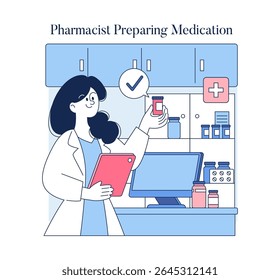 Farmacêutico preparando medicação em um ambiente de farmácia. O profissional verifica um frasco de prescrição enquanto gerencia outras tarefas digitalmente. Papel essencial dos cuidados de saúde para a segurança dos doentes e a medicação