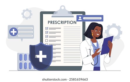 Pharmacist with prescription. Woman in medical uniform near Clipboard and pills. Doctor prescribes drugs for patient. Healthcare and medicine, treatment. Flat vector illustration