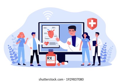 Pharmacist presenting new pills online. Doctors watching presentation of remedy against heart disease. Flat vector illustration. Medicine concept for banner, website design or landing web page