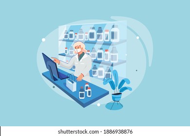 Pharmacist with protective mask on her face working at the pharmacy Vector Illustration concept. Flat illustration isolated on white background.