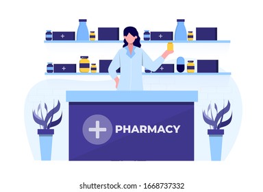 A pharmacist is putting medicines in a cabinet behind her desk