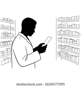 Farmacêutico Leitura Prescrição Silhueta: Prateleiras de medicamentos, Saúde