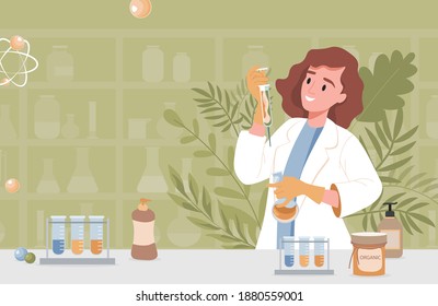Pharmacist or scientist invents natural organic formula of cosmetics vector flat illustration. Young woman in lab coat holding syringe with natural herbal serum. Organic cosmetics from laboratory. - Shutterstock ID 1880559001