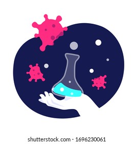 Pharmacist Scientist Laboratory Research.Virologist Create Antivirus Vaccine Serum. Antiviral Vaccine. Scientific Invention.Medical Examination. Flask Medical Pharmaceuticals. Flat vector illustration