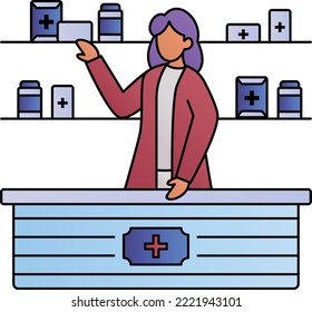 Pharmacist Selling Drugs Concept, Drug Store Worker Vector Color Icon Design, Medical And Healthcare Scene Symbol, Diseases Diagnostics Sign, Doctors And Patients Characters Stock Illustration