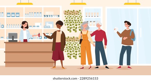 Pharmacist selling drugs. Woman in medical uniform suggests medicines to characters. People in line near cashier. Health care and disease treatment. Pharmacy buying. Cartoon flat vector illustration