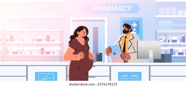 Pharmacist selling medications to pregnant woman future mom in drug store pregnancy motherhood expectation