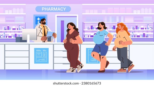 Pharmacist selling medications to pregnant women future moms in drug store pregnancy motherhood expectation concept