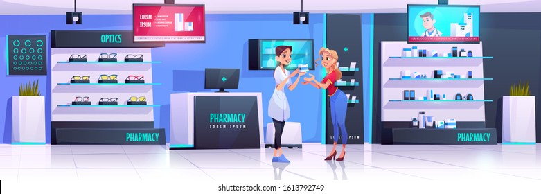 Pharmacist serves client in pharmacy. Vector drugstore and optics shop interior with medical products and glasses on shelves, digital display advertising of pills. Apothecary gives drug to customer