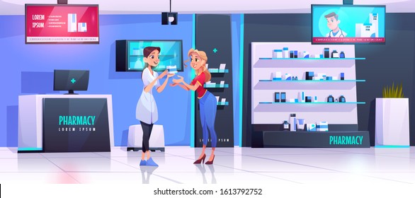 Pharmacist serves client in pharmacy. Vector drugstore interior with medical products on shelves, counter, digital display showing advertising of pills or vitamin. Apothecary gives drug to customer