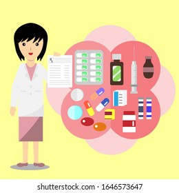 Pharmacist showing prescription with lot of medicine vector