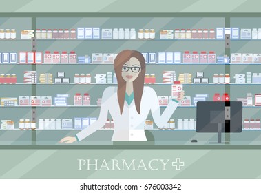 Pharmacist showing some medicine. Pharmaciy. Young woman at the workplace in a pharmacy: standing in front of shelves with medicines. Vector illustration