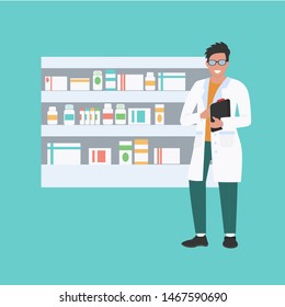 Pharmacist shows medications on showcase.  Pharmacy. Vector illustration for website, landing page, app, banner.