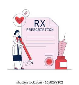 Pharmacist signing drug prescription flat vector illustration. Pharmaceutical painkiller medication RX prescription for sick patient. Pharmacy, healthcare, and medicine concept.