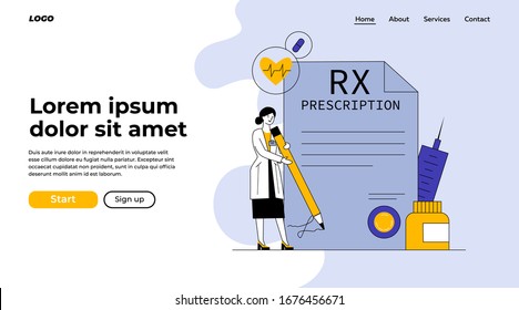 Pharmacist signing drug prescription flat vector illustration. Pharmaceutical painkiller medication RX prescription for sick patient. Pharmacy, healthcare, and medicine concept.