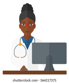 Pharmacist standing at counter.
