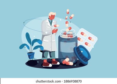 Pharmacist standing with drugs Vector Illustration concept. Flat illustration isolated on white background.