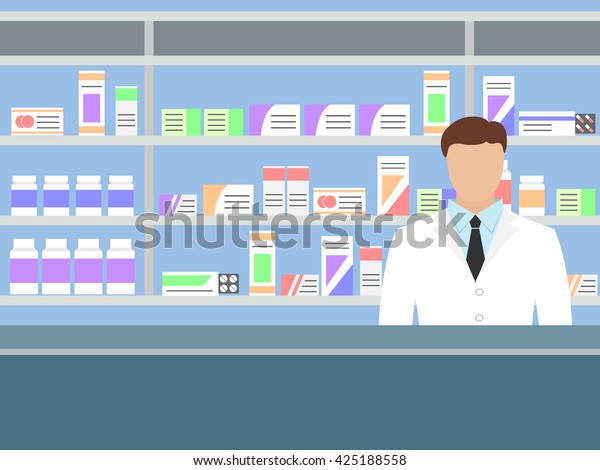 Pharmacist\
standing near shelves with\
medications