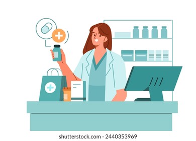 Farmacéutico de pie en el mostrador de la farmacia y presentando el medicamento recetado. Profesional farmacéutico en concepto de farmacia. Ilustración de vector  