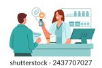Pharmacist standing at pharmacy counter, talking with patient, consulting about prescription drug. Pharma professional at drugstore concept. Vector illustration  