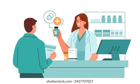 Pharmacist standing at pharmacy counter, talking with patient, consulting about prescription drug. Pharma professional at drugstore concept. Vector illustration  