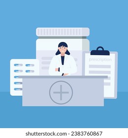A pharmacist stands behind the counter, with medicines and doctor's prescriptions behind them