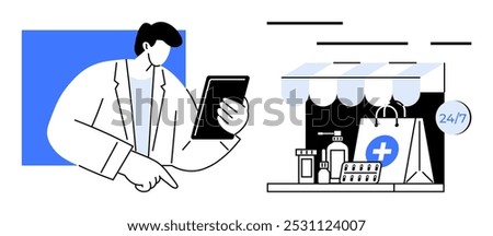 Pharmacist with tablet standing next to 24 7 pharmacy store offering various medical supplies and medications. Ideal for online pharmacies, digital healthcare, telemedicine, healthcare technology