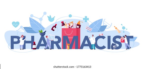 Pharmacist typographic header concept. Medication and health treatment concept. Medicine pill and prescription form. Drugstore staff. Isolated vector illustration