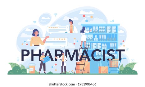 Pharmacist typographic header. Pharmacist preparing and selling drugs in bottle and box for disease treatment. Healthcare and medical treatment concept. Isolated vector illustration