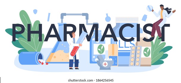 Pharmacist typographic header. Pharmacist selling drugs in bottle and box for disease treatment. Healthcare and medical treatment concept. Isolated vector illustration