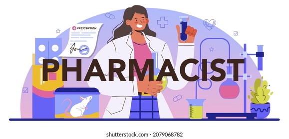 Pharmacist typographic header. Pharmacist selling drugs in bottle and box for disease treatment. Healthcare and medical treatment concept. Isolated vector illustration