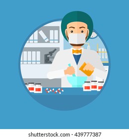 Pharmacist using mortar and pestle for preparing medicine in the laboratory. Pharmacist mixing medicine at the hospital pharmacy. Vector flat design illustration in the circle isolated on background.