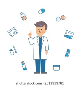 Pharmacist and various medicines Cute illustration material