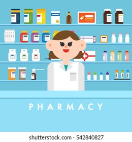 Pharmacist and various types of medicines vector illustration flat design