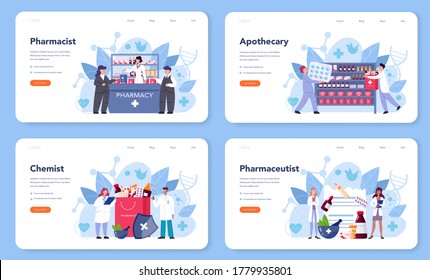 Pharmacist web banner or landing page set. Medication and health treatment concept. Medicine pill and prescription form. Drugstore staff. Isolated vector illustration