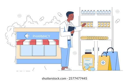 A pharmacist in a white coat checking medication on shelves near a storefront. Cartoon style on a white background. Concept of pharmacy services. Vector illustration