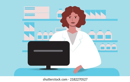 A pharmacist in a white coat in a pharmacy sells medicines. Flat vector stock illustration in medical setting