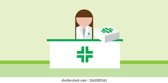 pharmacist with white coat standing in front of a desk with medicines