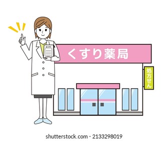 A pharmacist who came in a lab coat. A medical worker. Illustration. Translation: Pharmacy