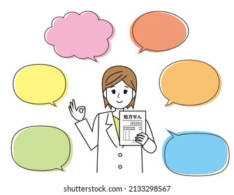 A pharmacist who came in a lab coat. A medical worker. Illustration. Translation: Prescription