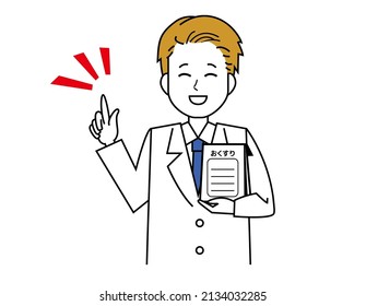 A pharmacist who came in a lab coat. A medical worker. Illustration. Translation: Medicine