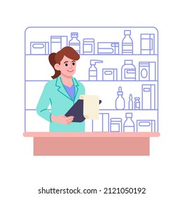 Pharmacist Woman At Drugstore Counter Vector Illustration. Apothecary Woman With Medical Prescription. Flat Style Design. Colorful Graphics