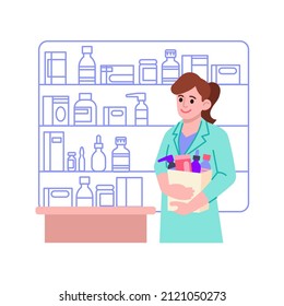 Pharmacist Woman Holding A Medicine Bag Vector Illustration. Apothecary Woman At Drugstore Counter. Flat Style Design. Colorful Graphics