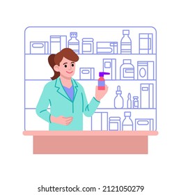 Pharmacist Woman With Nasal Spray Vector Illustration. Apothecary Woman At Drugstore Counter. Flat Style Design. Colorful Graphics