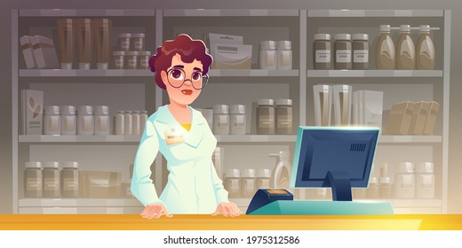 Pharmacist woman at pharmacy counter. Drugstore interior with medical products on shelves. Apothecary female character with serious face wear white lab coat and glasses, Cartoon vector illustration