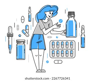 Pharmacist working with different medicine outline vector illustration, doctor checking drugs for prescription, apothecary worker, drugstore.