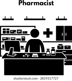 Pharmacist Working at Pharmacy Counter Vector Icon Pictogram Glyph