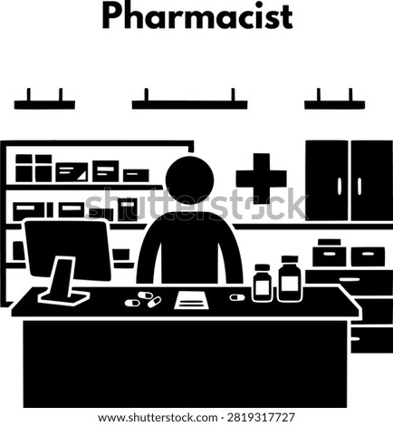 Pharmacist Working at Pharmacy Counter Vector Icon Pictogram Glyph