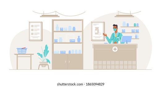 Pharmacist working in pharmacy shop standing by counter. Interior of drug store with shelves full of medicine and pills. Male seller selling tablets and prescribed products. Vector in flat style
