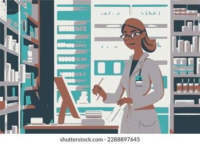 Pharmacist working in pharmacy, vector image